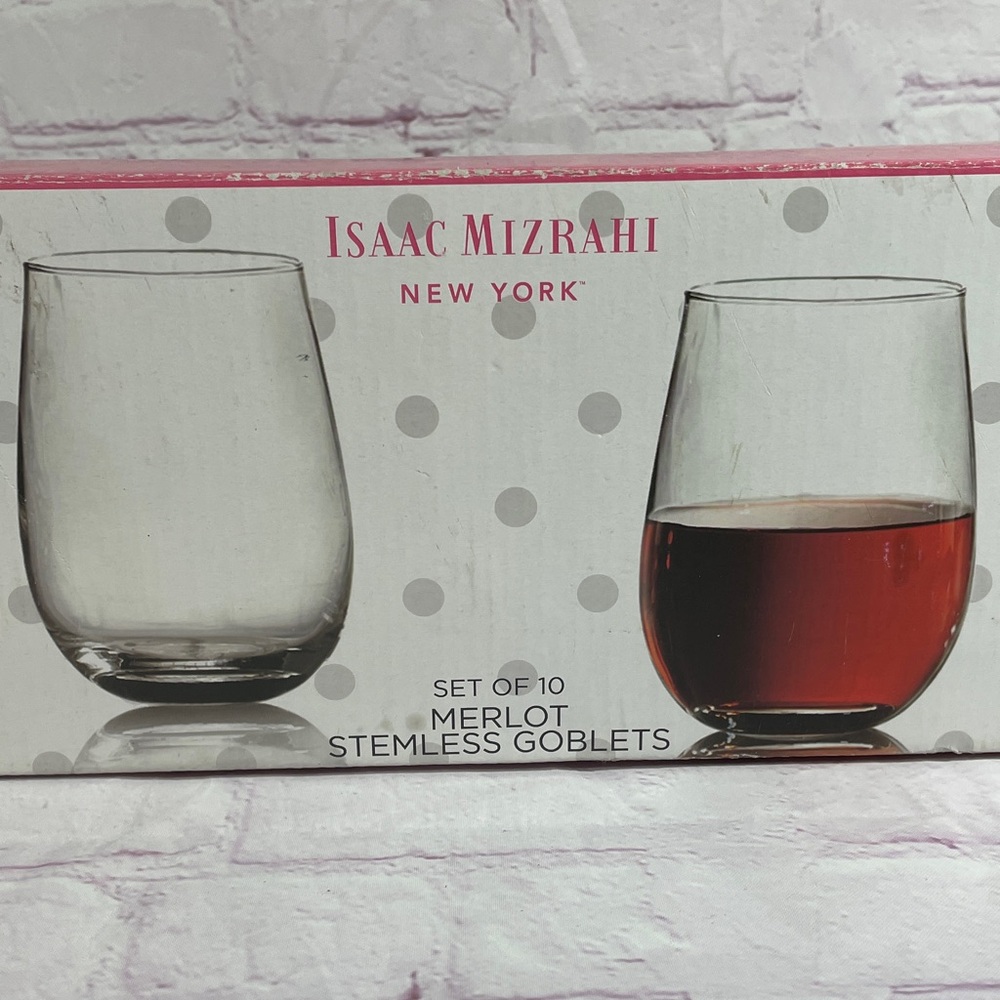 Isaac Mizrahi Merlot Stemless Clear Glass Goblets Boxed Set of 10 - Picture 2 of 6